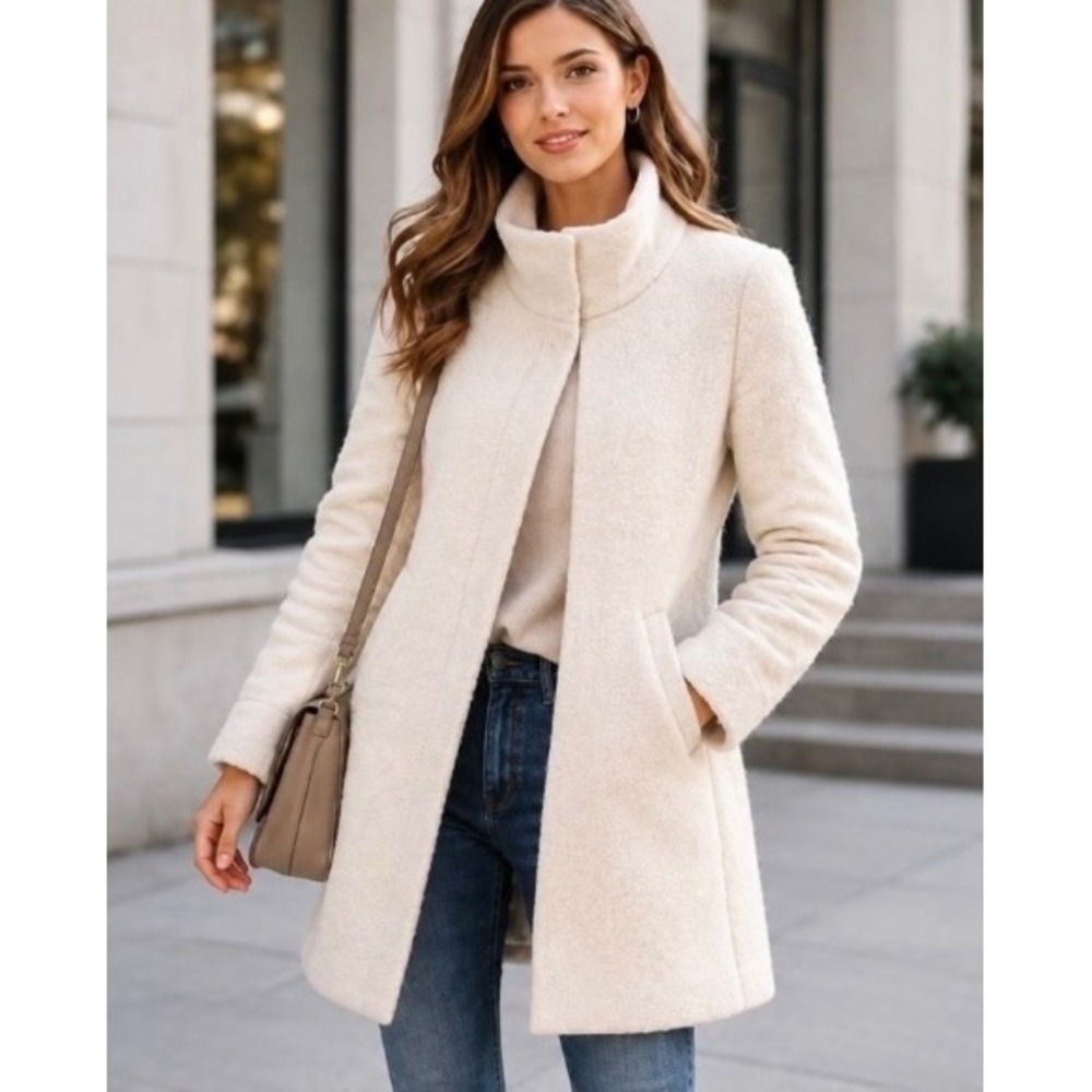 Loft Wool Funnel Neck Coat Cream White Textured Zip Front Longline XSP